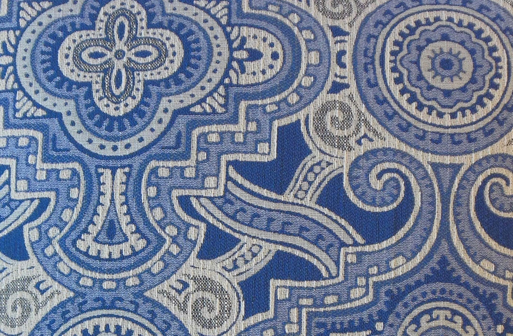 Blue ornately patterned luxe fabric