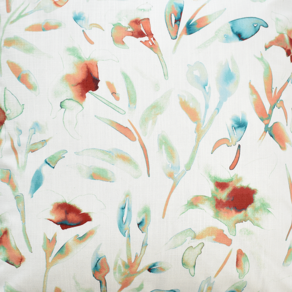 Orange and blue watercolor floral fabric detail