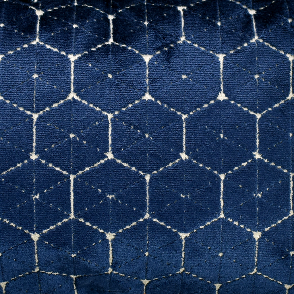 Navy blue velvet with geometric hexagon print fabric detail