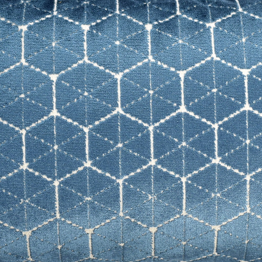 Cobalt blue velvet with geometric hexagon print fabric detail