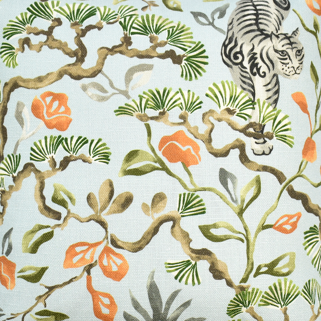 Aqua tiger and botanical print fabric detail