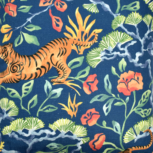 Navy tiger and botanical print fabric detail