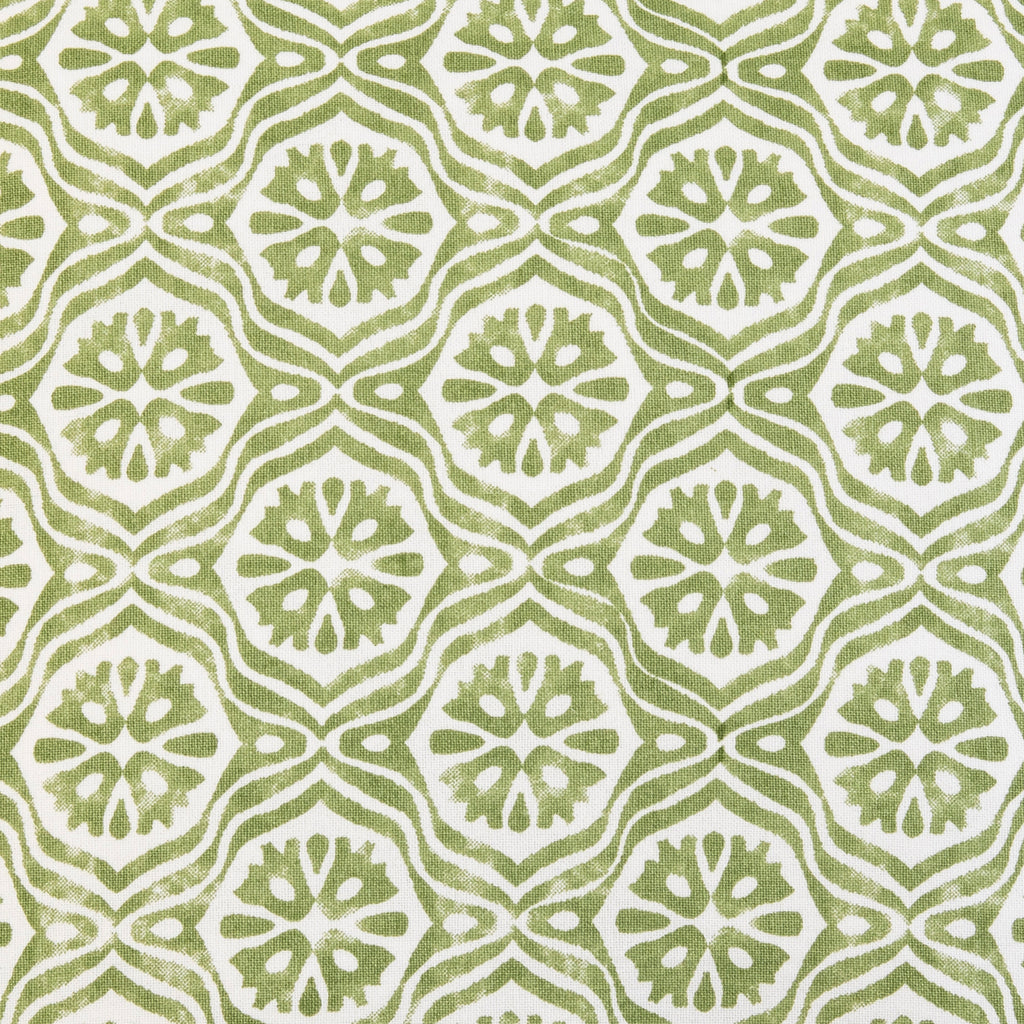White with green medallion print fabric detail