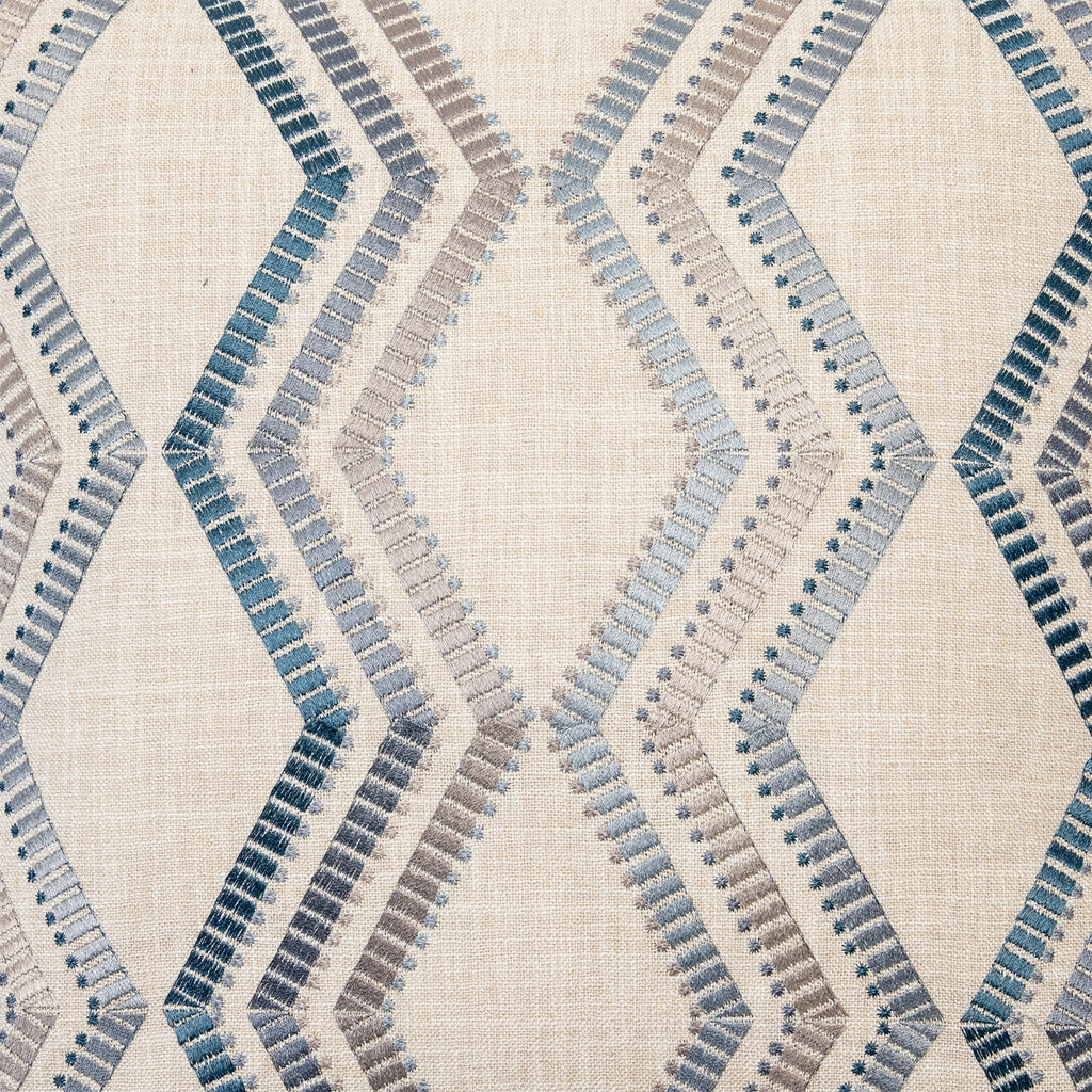 Beige with blue and tan geometric zig zag embroidery fabric detail